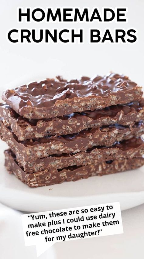 These homemade crunch bars taste better than store bought, are easy to make with only 3 ingredients and have the same crispy, chocolaty taste as your favorite candy bar! Sugarless Snacks, Theatre Snacks, Homemade Crunch Bars, Thm Chocolate, Thm Candy, Chocolate Crunch Bars, Healthy Movie Snacks, Bars Gluten Free, Homemade Candy Bars