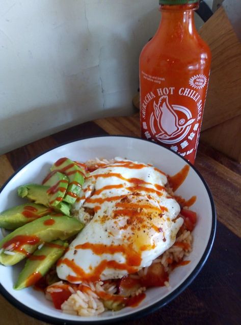 One of my favourite lazy meals, every meal is better topped with a golden fried egg and some spicy sriracha. Lazy Meals, Food Hub, Home Meals, Asian Flavors, Rice Bowl, Rice Bowls, Fried Egg, Sriracha, Egg Recipes