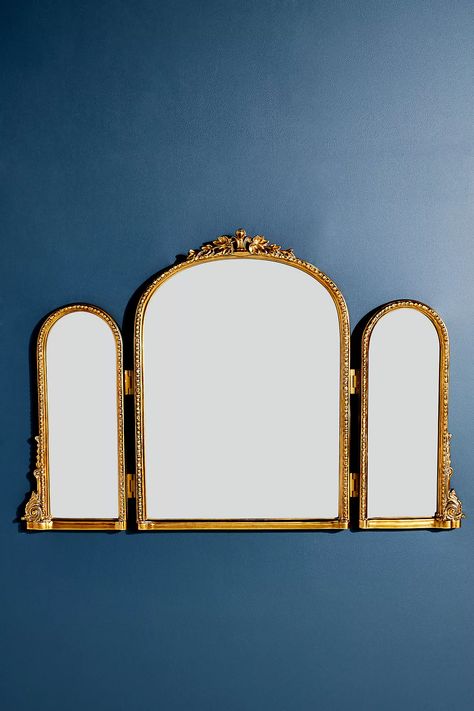 Gleaming Primrose Triptych Mirror | Anthropologie Vanity Trifold Mirror, Unique Vanity Mirror, Trifold Vanity Mirror, Triptych Mirror, Nightstand Aesthetic, Gleaming Primrose Mirror, Cane Headboard, Primrose Mirror, Vintage Vanity Mirror