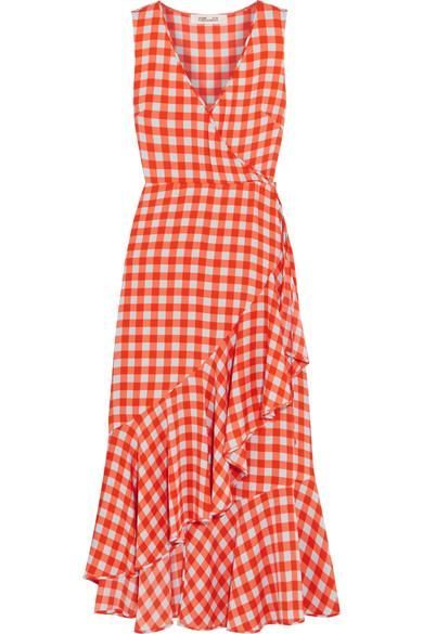 Diane von Furstenberg Ruffled Gingham Stretch-Silk Wrap-Effect Midi Dress Red Gingham Dress, Summer Midi Dresses, Summer Wrap Dress, Red Ruffle Dress, Red Wrap Dress, Summer Day Dresses, Flounce Hem Dress, Red Summer Dresses, Ruffle Wrap Dress