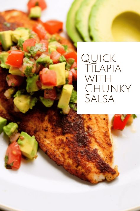 This quick Tilapia with Chunky Salsa - a healthy, easy-to-make dish featuring pan-seared tilapia and fresh avocado salsa. Tuna Carpaccio Recipe, Poached Fish Recipes, Fresh Fish Recipes, Baked Tilapia Recipes, Fish Sandwich Recipes, Salmon Pasta Recipes, Frozen Tilapia, Grilled Tilapia, Spanish Rice Recipe