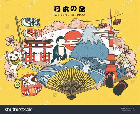 Japan tourism poster design with attractions - Japan travel in Japanese in the top area #Ad , #AD, #poster#design#Japan#tourism Tourism Poster Design, Japan Tourism, Japan Country, Japan Illustration, Tourism Poster, Travel Poster Design, Maneki Neko, Lucky Cat, Japanese Culture