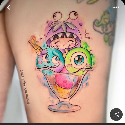 Disney Sleeve Tattoo Filler, Disney Cartoon Tattoos, Cute Cartoon Tattoos For Women, Disney Arm Sleeve Tattoos For Women, Boo Monsters Inc Tattoo, 3 Kids Tattoo Ideas, Cartoon Tattoos Women, 3 Kids Tattoo, Watercolor Disney Tattoo