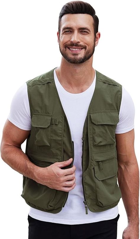 Gihuo Mens Fishing Vest Summer Outdoor Work Vest Utility Safari Travel Lightweight Sleeveless Jackets with Pockets(ArmyGreen, XX-Large) at Amazon Men’s Clothing store Outdoor Military Vest For Fall, Military Style Vest For Hiking, Military Style Outdoor Vest Outerwear, Fishing Vest, Military Tactical Vest, Military Cotton Vest For Outdoor, Safari Travel, Sleeveless Jacket, Army Green