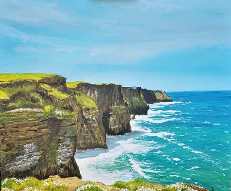 Irish Art: Cliffs of Moher,Acrylic,50 x 60 cm Ireland Painting, Ireland Cliffs, Irish Blessings, Acryl Painting, Ireland Landscape, Watercolor Tutorials, Cliffs Of Moher, Irish Art, Irish Blessing