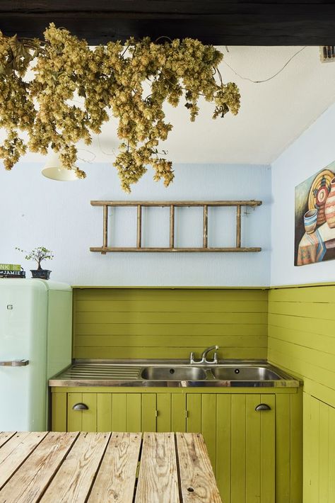 Chartreuse Kitchen, Oak Floorboards, Sweet Kitchen, Timber Staircase, Red Brick Walls, Bohemian Modern Style, Quirky Kitchen, Open Kitchen Shelves, Timber Beams