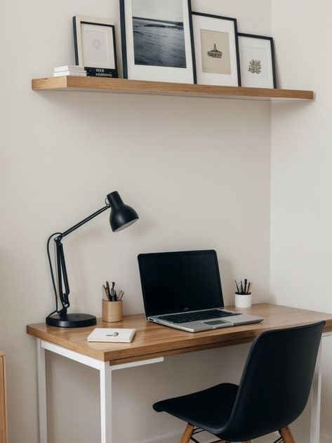 Transform your bedroom into a stylish workspace by pairing a sleek and minimalist desk with a comfortable chair. Add a floating shelf above the desk to display decorative items and keep your essentials within reach. Bedroom Desk Ideas, Apartment Desk, Minimalist Desk, Bedroom Desk, Desk Ideas, Home Office Space, Floating Shelf, Comfortable Chair, Room Aesthetic