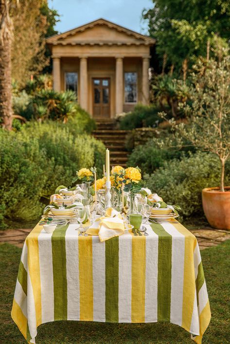 'Stripe’ - our colourful rendition of happy moments made on Mediterranean escapes in bygone days. These striking stripes in dual tones and printed on 100% linen will transport you and your guests back to those hazy days at the height of Summer. These dual stripes are available in two colourways; Avocado Green & Lemon Yellow and Sky Blue & Orange. Our single stripes are available in four colourways: Lemon Yellow, Sky Blue, Avocado Green & Rose Pink. Each design can be uniquely maximalist or elega Roka Decor, Lemon Tablescape, Green Tablescape, Event Concept, Friday Wedding, Italian Party, Birthday Table Decorations, Outdoor Dinner Parties, Green Lemon