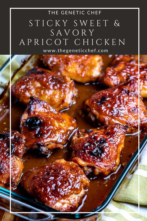 Sticky, gooey, and sweet apricot chicken loaded with flavor from a simple combination of seasonings mixed with apricot preserves. This chicken is simple to prepare, making it a wonderful choice for a weeknight or any type of meal. #apricotchicken #apricot #chicken #easyrecipe #chickenrecipes #chickenthighs | @thegeneticchef Apricot Sticky Chicken, Apricot Soy Sauce Chicken, Sweet Chicken Thigh Recipe, Pioneer Woman Apricot Chicken, Apricot Salsa Chicken, Saucy Susan Chicken Recipes, Healthy Apricot Chicken, Pioneer Woman Wine Braised Chicken With Apricots, Chicken Thighs With Apricot Preserves