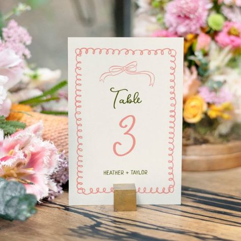 Hand Drawn Pink and Green French Fun Wedding  Table Number Green And Pink Wedding Table, Garden Wedding Table Numbers, Wedding Pink And Green, Garden Table Numbers, Wedding 70s, Vintage Table Numbers, Pink And Green Wedding, Wedding Theme Color Schemes, Pink Green Wedding