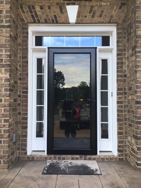 Black Front Door With White Storm Door, Black Storm Doors For Front Door, Storm Doors For Front Door Ideas, Black Storm Door, White Storm Door, Wood Storm Doors, Brown Front Doors, Black Front Doors, Door Black