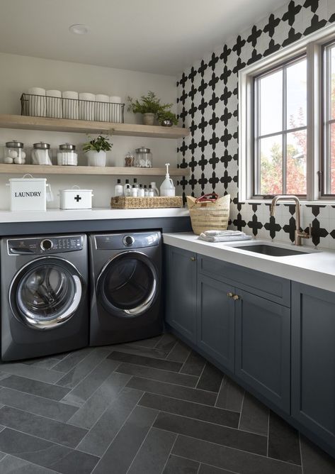 A Belgian farmhouse style update to this beautiful Colorado home Brizo Faucet, Modern Farmhouse Laundry Room, Small Utility Room, Cozy Window Seat, Custom Laundry Room, Laundry Room Flooring, Backsplash Wall, Room Layouts, Farmhouse Laundry