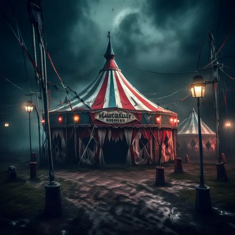 Halloween Carnival Aesthetic, The Night Circus Aesthetic, Dark Circus Aesthetic, Abandoned Circus, Circus Horror, Carnival Tattoo, Scary Circus, Victorian Circus, Evil Clown Tattoos