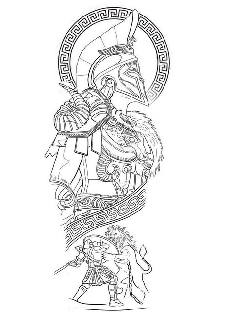 Best Leg Tattoo Men Design Sketch, Half Sleeve Tattoo Designs For Men, Gladiator Tattoo Ideas, Greek Half Sleeve Tattoo, Warrior Tattoos Design, Spartan Back Tattoo, Spartan Tattoo Stencil, Poisidons Tattoo, Forearm Tattoo Template