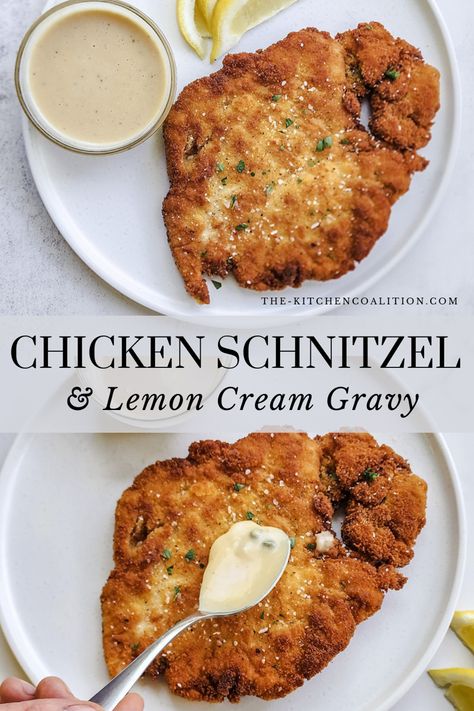 This Chicken Schnitzel with Lemon Cream Gravy is so perfectly simple and absolutely delicious. Seriously, it’s pretty difficult to turn down perfectly golden-brown fried chicken. You have the option to slather it in my Lemon Cream Sauce or keep it traditional with a hefty squeeze of fresh lemon juice, parsley, and a touch of kosher salt. Either way, you’re in for a treat!

Give this recipe a try and let me know what you think! Chicken Shnitzel, Meat Goats, Lemon Cream Sauce, Fried Chicken Cutlets, German Food Authentic, Schnitzel Recipes, Cream Gravy, Chicken Schnitzel, Cutlets Recipes