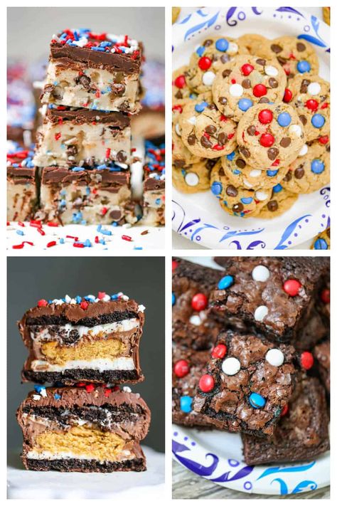 10 Easy Patriotic Desserts - Here's 10 Patriotic Desserts that are easy to make, crowd-pleasing and deliciously yummy!  From chocolate chip cookie dough bars to m&m brownies, we've got you covered!  What's your fave?   #patrioticdesserts #redwhiteblue #patrioticdessertrecipes #4thofjulydesserts Chocolate Fourth Of July Desserts, 4th Of July Desserts Brownies, 4th Of July Desserts Chocolate, Fourth Of July Brownies, Patriotic Food Desserts, Veterans Day Desserts, Patriotic Desserts Easy, Patriotic Desserts 4th Of July, Patriotic Brownies