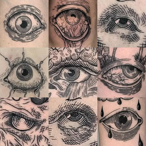 Trippy Tattoo Ideas, Trippy Tattoo, Eye Tattoos, Gothic Tattoos, Woodcut Tattoo, Medieval Tattoo, Engraving Tattoo, Funky Tattoos, Eyeball Art