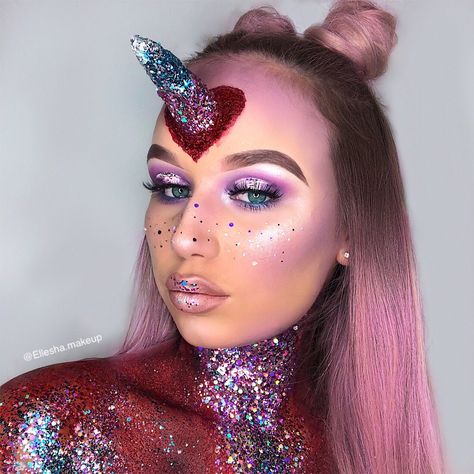 Scary Unicorn, Unicorn Makeup Halloween, Costume Makeup Tutorial, Makeup Ideas For Halloween, Eyeshadow Pink, Halloween Unicorn, Face Glitter, Makeup Scary, Eyeliner Designs