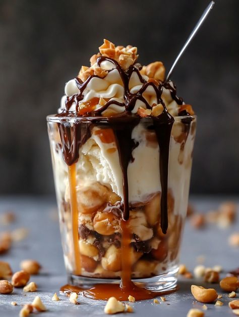 Caramel Peanut Sundaes 🥜🍦

𝗜𝗻𝗴𝗿𝗲𝗱𝗶𝗲𝗻𝘁𝘀 🥜
3 scoops vanilla ice cream
¼ cup caramel sauce
2 tbsp chocolate syrup
2 tbsp chopped roasted peanuts
Whipped cream (optional)
Extra caramel and chocolate syrup for drizzling Sundae Cup, Red Velvet Cheesecake, Peanut Butter Cheesecake, Ice Cream Desserts, Fudge Brownies, Chocolate Syrup, Hot Fudge, Roasted Peanuts, Caramel Sauce