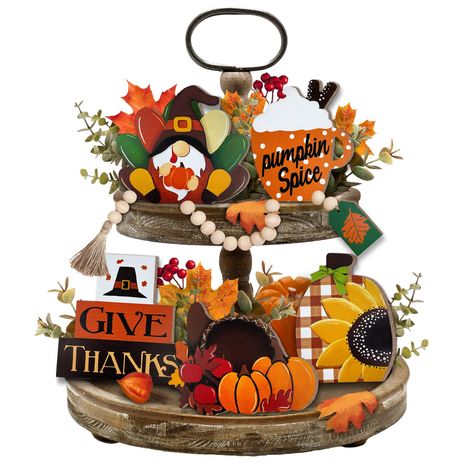 PRICES MAY VARY. Thanksgiving Tiered Tray Decorations Set: Our Turkey tiered tray decor includes 6 pcs harvest style wooden signs: 1 pcs cute gnome turkey sign, 1 pcs pumpkin spice latte cup sign, 1 pcs "GIVE THANKS" book stack sign, 1 pcs brown and white plaid pumpkin with sunflower sign, 1 pcs cornucopia basket sign and 1 pcs wooden beads garland with maple leaf sign. The fall tier tray decor will give you a warm and fun atmosphere on Thanksgiving. The tiered tray is NOT included Upgrade Quali Fall Tier Tray Decor, Thanksgiving Tiered Tray Decor, Thanksgiving Tiered Tray, Bow Pumpkin, Fall Tray Decor, Tiered Tray Decorations, Winter Tiered Tray Decor, Book Shape, Fall Tray