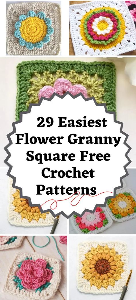 29 Easiest Flower Granny Square Free Crochet Patterns (easy) - Little World of Whimsy Crochet Squares Easy, Granny Square Hobo Bag, Floral Crochet Granny Squares, Floral Granny Square Crochet Pattern Free, Crochet Lavender Granny Square, Crochet Granny Square Flower Bag, Flower Granny Squares Free Patterns, Granny Square Flower Pattern Free, Floral Granny Square Crochet Pattern