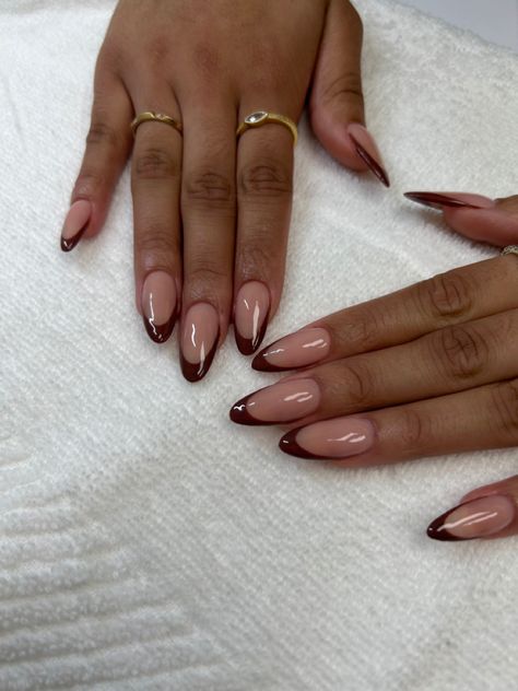 Wpb, FL Fall Brown French Tip Nails Almond, Almond Nails With Brown Tip, Brown Round French Tip Nails, Brown Deep French Nails, Chocolate Brown French Tip Almond Nails, French Tip Acrylic Nails Almond Fall, Brown French Tip Almond Acrylic Nails, Brown Tip Acrylic Nails Almond, Oval Brown French Tip Nails