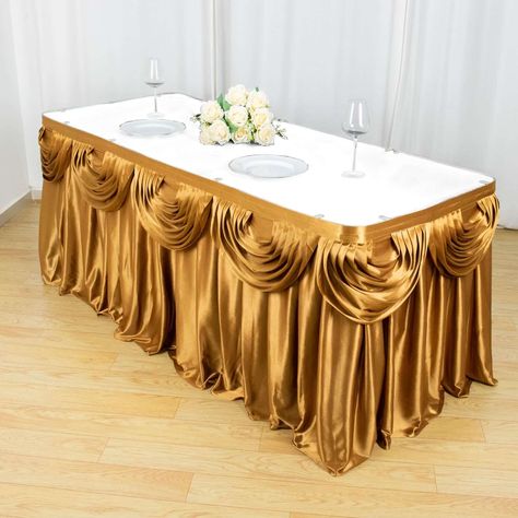 PRICES MAY VARY. Quantity: 1 Table Skirt Material: Satin Color: Gold Style: Pleated Double Drape Table Skirt Size: 14ft wide x 29" tall For 1 piece table skirt only. Tablecloth and decorations are not included. All table skirts come with velcro on top for attachment to clips. (CLIPS ARE SOLD SEPARATELY) PREMIUM QUALITY: These table skirts are made from high-quality satin material. This elegantly shimmering piece comprises shiny material crafted with the utmost perfection. To make things swankier Tulle Table Skirt, Display Cake, Tulle Table, Table Skirts, Cake Dessert Table, Prom Decor, Craft Fair Displays, Table Skirt, Perfect Picnic