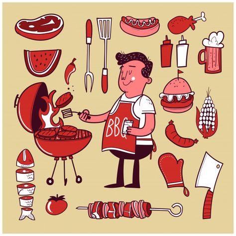 Bbq Event Poster, Man Grilling Illustration, Grilling Illustration, Grill Drawing, Bbq Illustration, Bbq Drawing, Bm Logo, Bbq Veggies, Smoker Designs