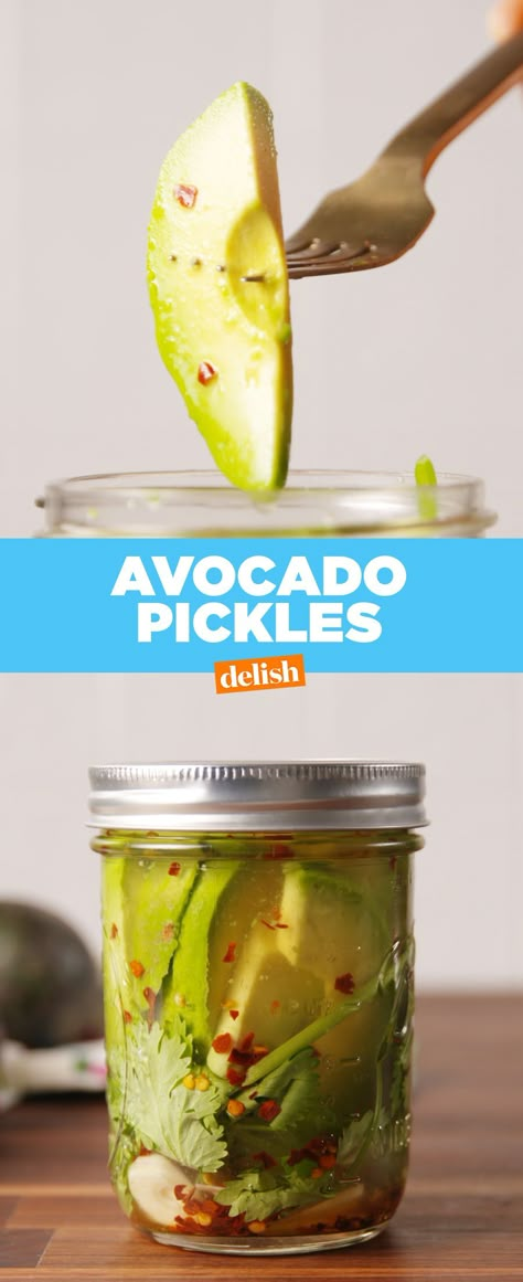 Finally, A Way To Use Those Unripe Avos: Avocado PicklesDelish Avocado Pickles, Pickled Veggies, Pickled Vegetables, Avocado Recipes, Pickling Recipes, Fermented Foods, Fermenting, In A Jar, Canning Recipes