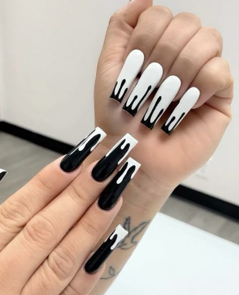 Black And White Nail, Acrylic Nail Designs Coffin, Black And White Nail Art, Neon Acrylic Nails, Drip Nails, Nagel Tips, Long Acrylic Nails Coffin, Long Acrylic, White Nail