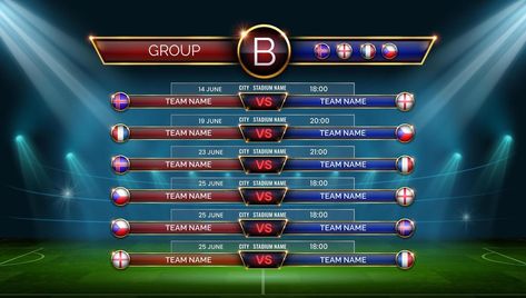 Football world cup schedule. Soccer calendar for matches in group. Table with date, location and country flags on stadium, vector template World Cup Schedule, Football Template, World Cup Groups, Football World Cup, Vector Template, Cityscape Photos, Logo Banners, Heart With Arrow, Team Names