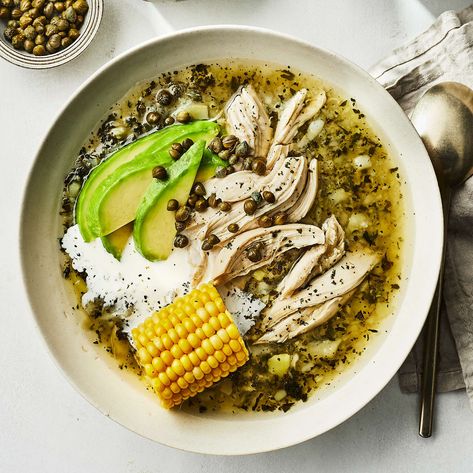 ajiaco-bogotano-potato-soup-with-corn-chicken-and-capers Potato Soup With Corn, Chicken Capers, Soup With Chicken, Potato Varieties, Corn Chicken, Chicken And Cabbage, Chicken Corn, Protein Dinner, Cabbage Soup