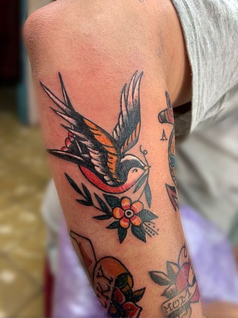 Cardinal Tattoo Traditional Style, Womens Color Tattoos, American Traditional Swallow Tattoo, Ally Tattoo, Unique American Traditional, Traditional Tattoo Arm, Mockingbird Tattoo, Traditional Compass Tattoo, Traditional Swallow Tattoo