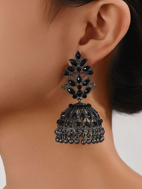 1pair Elegant Black Rhinestone Jhumka Bohemian Style Earrings Suitable For Women's Daily & PartyI discovered amazing products on SHEIN.com, come check them out! Black Jhumka, Beautiful Eyes Images, Fancy Earrings, Tassel Drop Earrings, Pearl Hoop Earrings, Styl Boho, Jhumka Earrings, Earrings Women, Watches Women Fashion