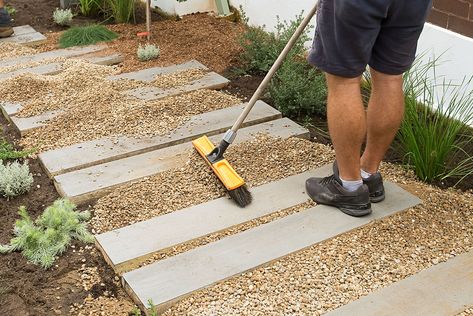 Native Garden Path, Diy Stairs Outdoor, Sleepers In Garden, Austin Garden, Gravel Pathway, Front Verandah, Paving Ideas, Australian Native Garden, Gravel Patio