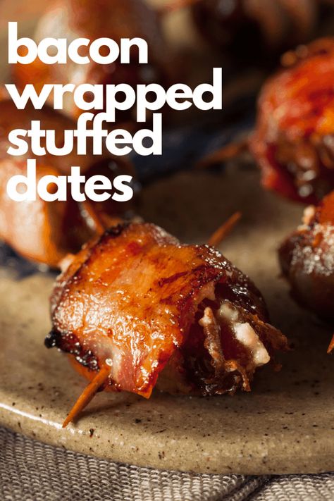 Medjool dates wrapped in bacon and stuffed with pistachios make a delicious appetizer for your next party or picnic. Wrapped Smokies, Bacon Dates, Bacon Wrapped Smokies, Wrapped Dates, Goat Cheese Appetizer, Stuffed Dates, Bacon Wrapped Dates, Wrapped In Bacon, Bacon Appetizers