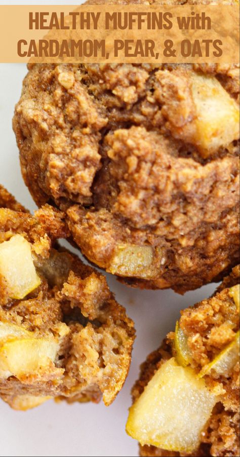 Pear Cardamom Muffins, Pear Muffins Recipes Healthy, Pear Oatmeal Muffins, Daycare Recipes, Pear Recipes Easy, Cardamon Recipes, Cardamom Recipe, Pear Muffins, Healthy Muffin