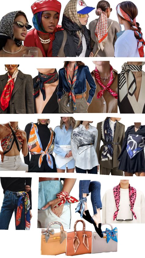 Scarf Tying Ideas, Scarf Wearing Styles, Hermes Silk Scarf, Steet Style, Diy Fashion Scarf, Scarf Trends, Silk Scarf Style, Hermes Silk, Head Scarf Styles