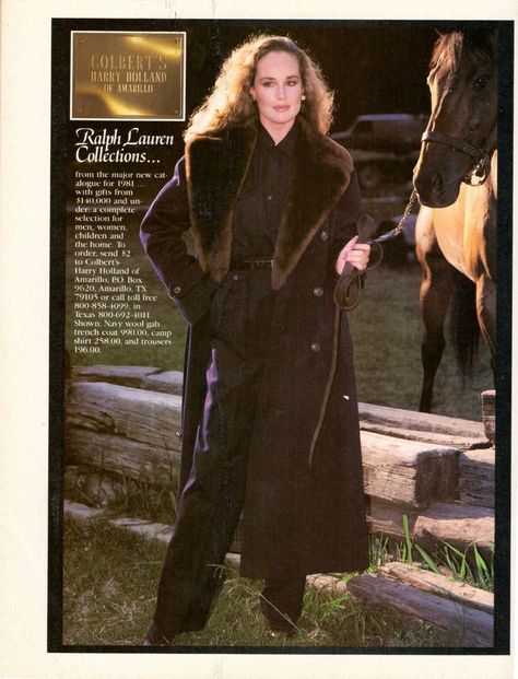 1981 RALPH LAUREN Colbert's Fashion Amarillo Texas Horse Vintage Print Ad 1980s - $8.08. FOR SALE! This listing is for a one-page ad for Colbert's Harry Holland of Amarillo store from Harper's Bazaar magazine, 1981 featuring fashions from the Ralph Lauren Collection. The ad measures aprox. 8.5'' x 10'' and is in very good condition, suitable for framing. Yes, we combine shipping! Item pictured is exact 392924875999 Harry Holland, Beverly Johnson, Linda Gray, Harpers Bazaar Magazine, Bazaar Magazine, Horse Vintage, Amarillo Texas, Shoes Ads, Wool Trench Coat