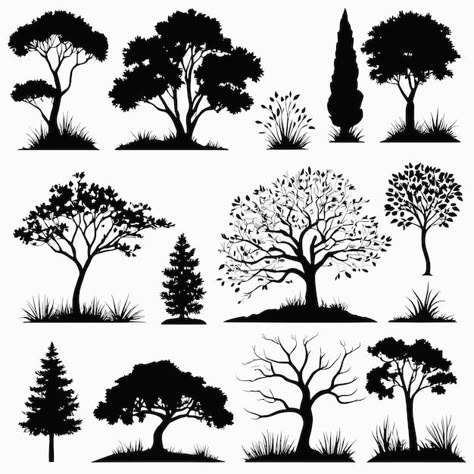 Tree silhouette set vector illustration | Premium Vector #Freepik #vector #tree #black #flat #plants Tree Outline Silhouettes, Plants Silhouette, Tree Vector Art, Silhouette Nature, Trees Silhouette, Tree Outline, Art Homework, Forest Silhouette, Buck And Doe