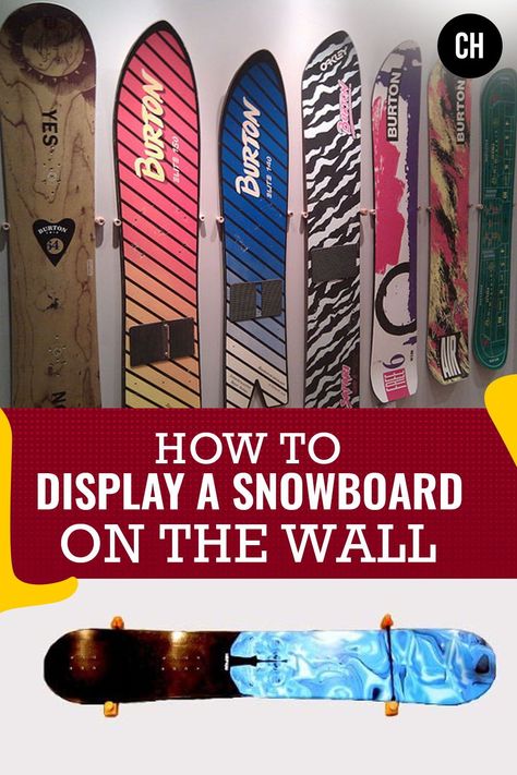 An avid snowboard collector and DIY enthusiast recently inquired about our 1993 Burton Jeff Brushie Pro model we used in our how-to for hanging a snowboard that we shared with Apartment Therapy last year. Snowboard Wall, Snowboard Display Wall, Snowboard Rack Diy, Snowboard Display, Snowboard Racks, Hallway Wall, Wall Board, Diy Home Improvement, Home Improvement Projects