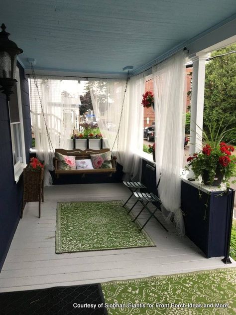 Siobhan's porch has sheer curtains Front Porch Curtains, Balcony Curtains, Outdoor Drapes, Outdoor Curtains For Patio, Courtyard Landscaping, Porch Curtains, Building A Porch, Small Terrace, Patio Curtains