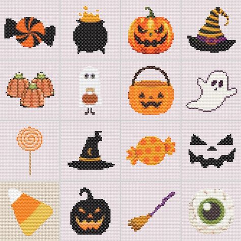 Mini Halloween Cross Stitch, Cross Stitch Mini Patterns, Mini Cross Stitch Patterns, Kawaii Cross Stitch, Halloween Cross Stitch, Fall Cross Stitch, Stitch Halloween, Tiny Cross Stitch, Halloween Cross Stitch Patterns