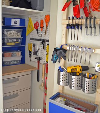 How to organize a small closet for tool storage Tool Storage Ideas Small Spaces, Storage Ideas Small Spaces, Tool Closet, Organize A Small Closet, Craft Tool Storage, Tool Storage Ideas, Small Closet Storage, Coat Closet Organization, Utility Closet