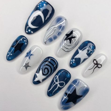 @nailsbynailah_ on insta ☆ Blue Nail Designs Aesthetic, Nail Inspo With Nail Polish, Nail Ideas Gel Extensions, Cute Nail Art Simple, Kpop Theme Nails, Alien Inspired Nails, Start Of School Nails, Edgy Blue Nails, Halloween Nails At Home