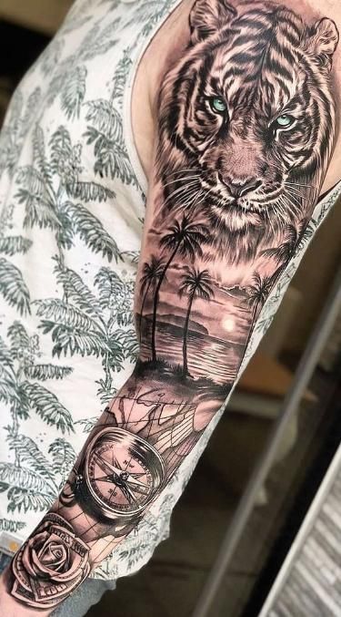 Tigre, brújula y playa Legs Tattoo, Sleeve Tattoos For Men, Mangas Tattoo, Tiger Tattoo Sleeve, Africa Tattoos, Full Hand Tattoo, Animal Sleeve Tattoo, Tattoo Placements, Lion Tattoo Sleeves