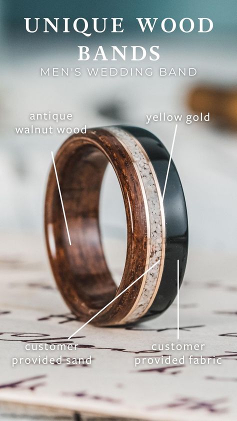 unique-wood-wedding-band-ring-customer-provided-and-fabric-dual-gold-inay-antique-walnut-rustic-and-main Wooded Wedding, Sand Wedding, Whiskey Barrel Wedding, Mens Wood Rings, Wooden Wedding Bands, Rustic Wedding Bands, Wooden Wedding Ring, Wood Wedding Ring, Wedding Sand