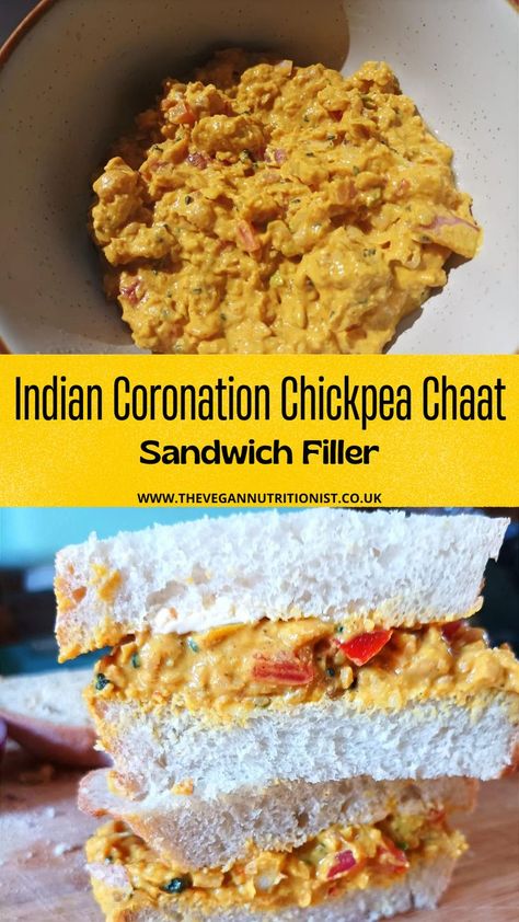 Sandwich filled with coronation chickpea Coronation Chickpea Sandwich, Coronation Chickpea Recipe, Chickpea Chaat, Coronation Chickpea, Chickpea Sandwich, Fruit Plus, Sandwich Fillers, Quick Vegan, Quick Vegan Meals