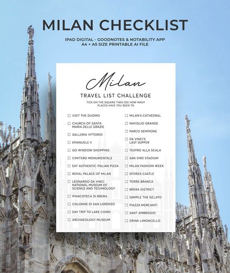 Use this Milan Travel Checklist to plan your vacation and then take it on your trips to tick off all the big-name places during your travels.  THIS LISTING IS FOR A DIGITAL DOWNLOAD - NO PHYSICAL ITEMS WILL BE SENT. YOU WILL GET THE FILE AND PRINT IT YOURSELF   PDF format  Files are included for printing all 4 files   - A5  - A4   HOW TO USE   1. Purchase this listing  2. After several minutes of purchasing, you will be taken to the downloads page on Etsy.com. Please allow 5-10 minutes for the d Milan Checklist, Milan Bucket List, Milan Vacation, Checklist Travel, Milan Travel, Catch Flights, Holiday Travel Destinations, Travel Inspiration Destinations, List Printable