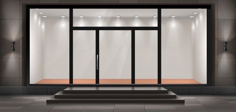 Illustration of storefront with steps and entrance door, glass illuminated showcase Vector | Free Download Glass Profile Door, Office Front Design, Restaurant Menu Holder, Profile Door, Storefront Glass, Storefront Doors, Layout Background, Store Layout, Free Vector Illustration